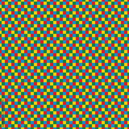 red, blue and yellow symbols squares in seamless pattern, retro background