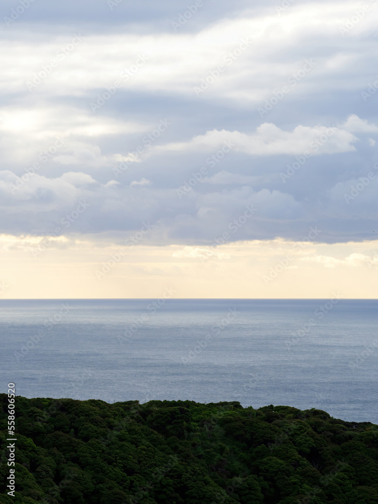 Obraz premium Long aerial view of evening clouds over Tasman sea coast