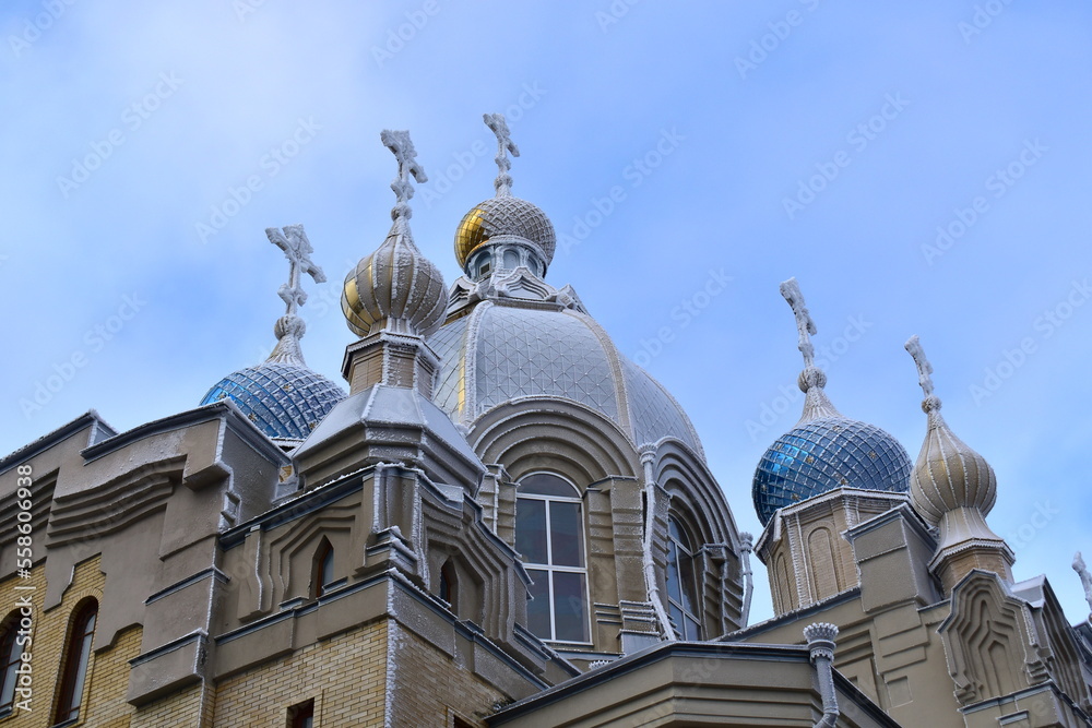 domes of the temple of St.Panteleimon in hoarfrost against the background of the winter sky
