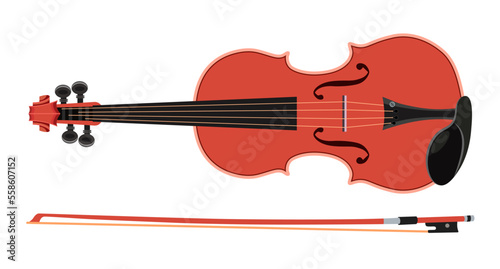 Violin and bow. Musical instrument for orchestra. Vector illustration isolated on white background