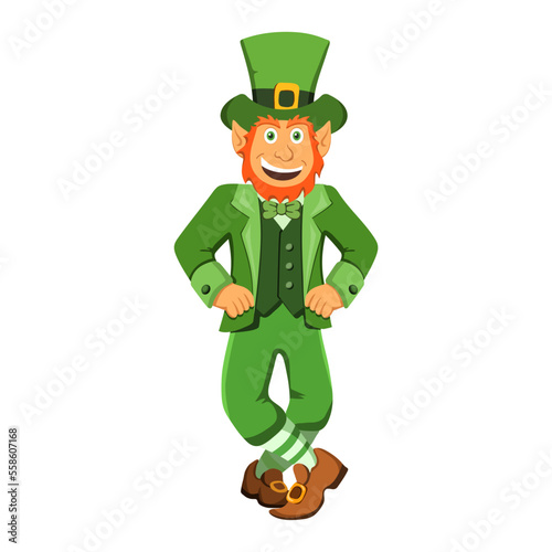 A dancing leprechaun performs an Irish jig dance. A red-bearded, happy Irishman in a green suit and hat is smiling. Vector illustration of a fairy tale character