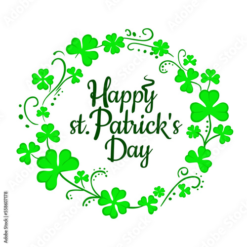 Round three-leaf clover frame with text for St. Patrick's Day, lettering decoration and Irish holiday paraphernalia. Vector illustration
