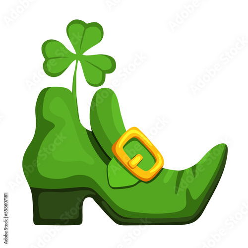 Green leprechaun boot with shamrock as a symbol of St. Patrick's Day. Clover in a shoe attribute of the Irish holiday. Vector illustration