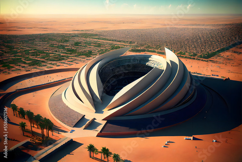 A futuristic stadium was built in the heart of Saudi Arabia, with the ancient pyramids of Egypt visible in the distance and the ancient ruins of Greece serving as the backdrop.
