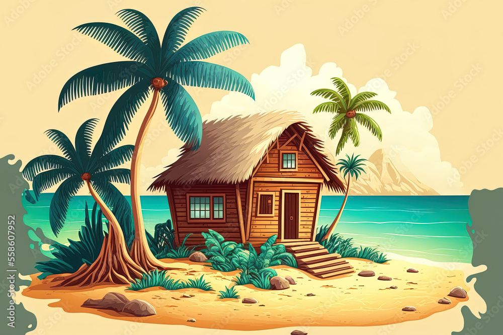 A beachside cottage or beach hut. hut, wooden house on heaps, palm ...