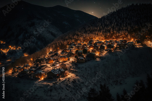 During the night, a scene of hills covered with houses and trees is seen. Generative AI