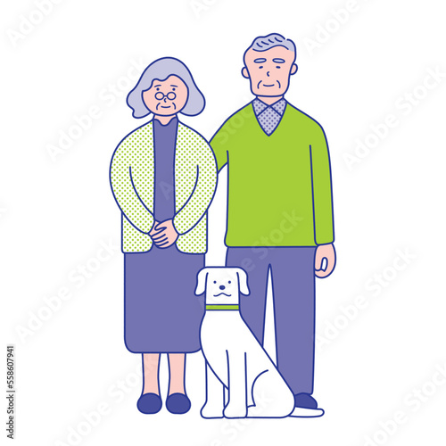 シニア夫婦と犬のイラスト素材