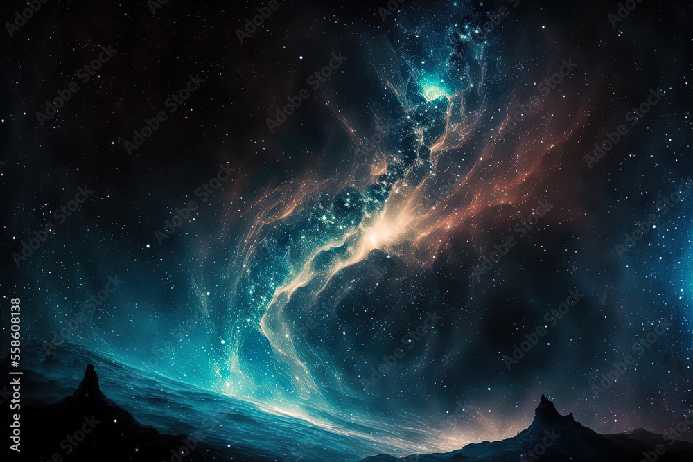 Fototapeta premium a galaxy, nebula, and stars may all be seen in the night sky. Generative AI