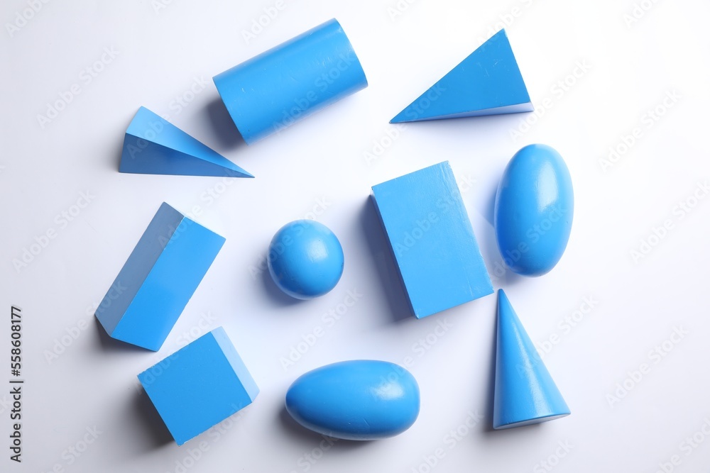 Set of blue wooden geometrical objects on white background, top view. Montessori toy Set of blue wooden geometrical objects on white background, top view. Montessori toy