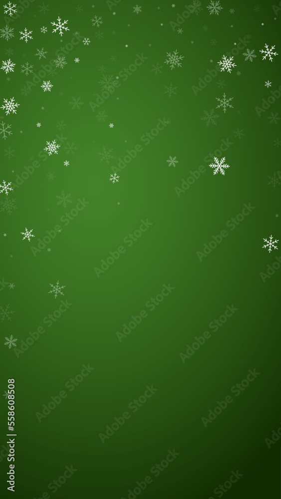 Magic falling snow christmas background. Subtle flying snow flakes and stars on christmas green background. Magic falling snow holiday scenery. Vertical vector illustration. Magic falling snow christmas background. Subtle flying snow flakes and stars on christmas green background. Magic falling snow holiday scenery. Vertical vector illustration.