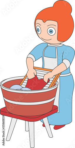 Woman is washing clothes with her hand. Laundress is using a washboard and a basin for washing. 