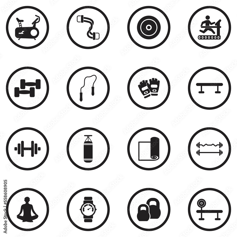 Home Gym Icons. Black Flat Design In Circle. Vector Illustration.