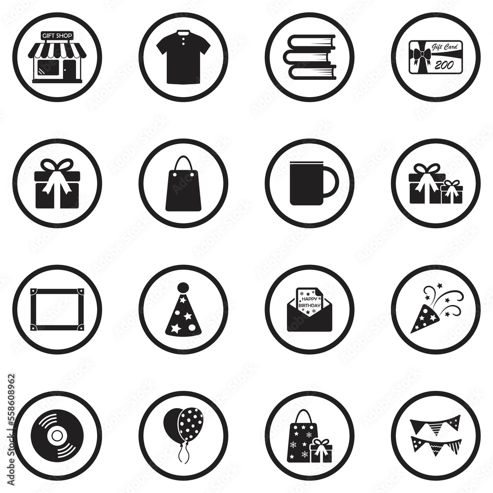 Gift Shop Icons. Black Flat Design In Circle. Vector Illustration. Gift Shop Icons. Black Flat Design In Circle. Vector Illustration.