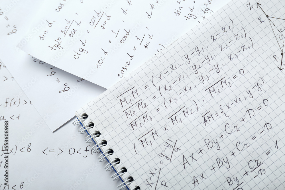Fototapeta premium Sheets of paper with different mathematical formulas, top view