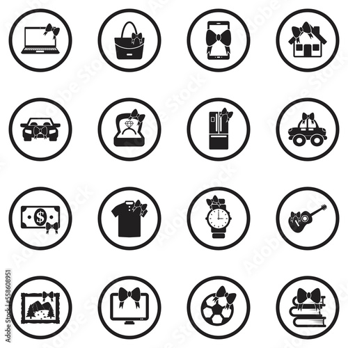 Gift Icons. Black Flat Design In Circle. Vector Illustration.