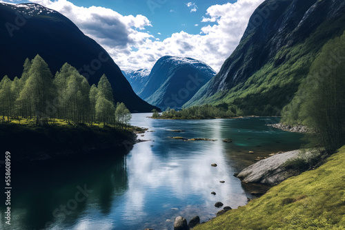 breathtaking views of the river, fjords, and national park of Norway on a sunny day. Generative AI