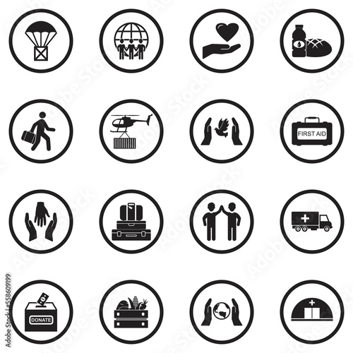 Humanitarian Aid Icons. Black Flat Design In Circle. Vector Illustration.