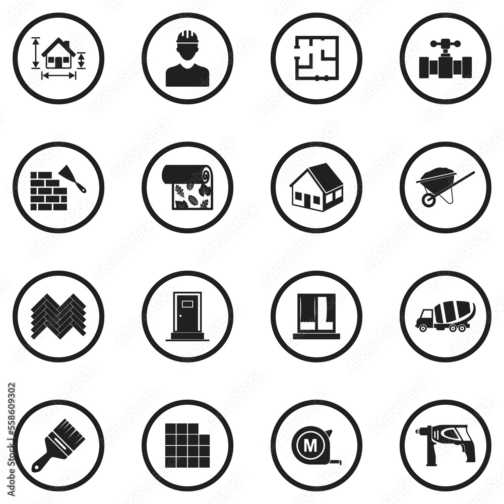 House Building Icons. Black Flat Design In Circle. Vector Illustration.