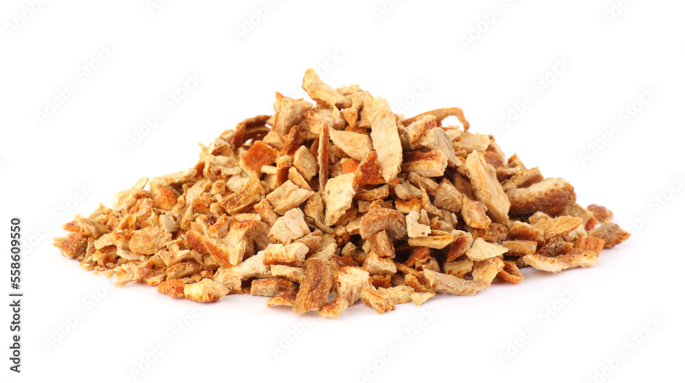 Pile of dried orange zest seasoning isolated on white Pile of dried orange zest seasoning isolated on white