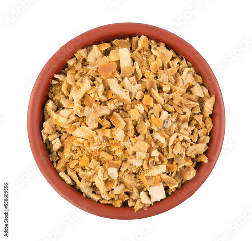Bowl of dried orange zest seasoning isolated on white, top view