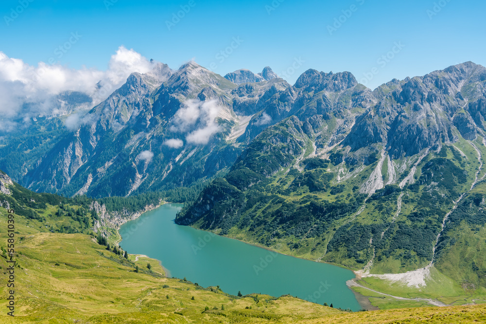 Panoramic view of Lake Tappenkarsee in summer, Austrian Alps, Salzburg Land.