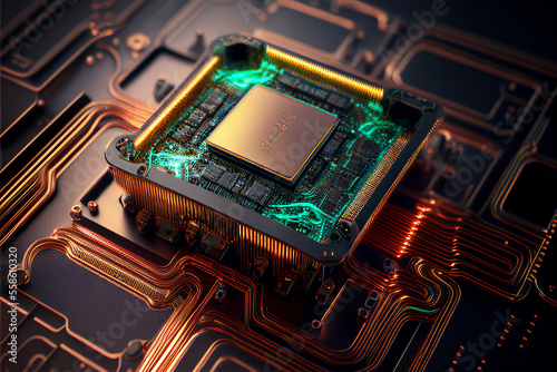 Luminous quantum processor on circuit board. Abstract technology background create with Generative AI