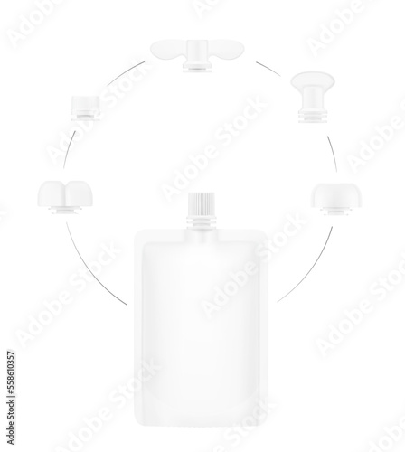 Set of pouch bag with different caps mockup. Front view. Vector illustration isolated on white background. It's easy to choose for your product. EPS10.	
