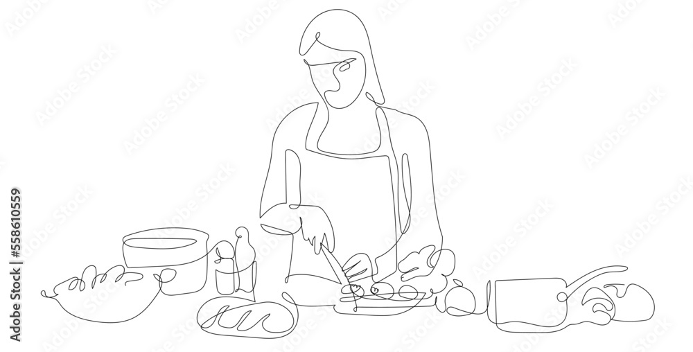 Cooking woman in the kitchen and Utensils. Cooking Seamless Pattern ...