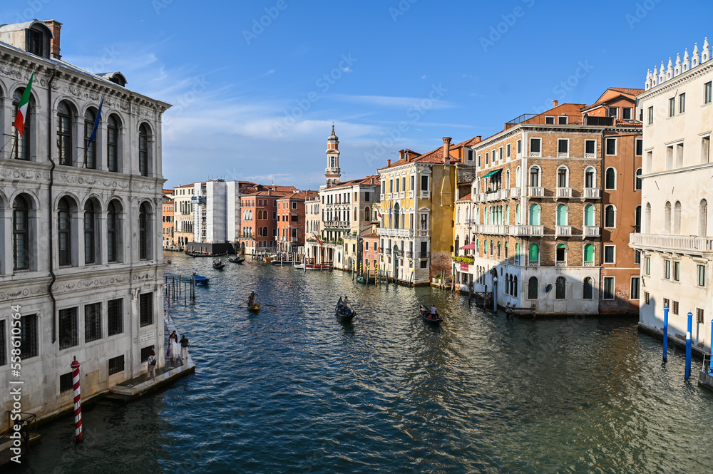 Life in Venezia, in the port with ships, boats and gondolas, lovely place, grand Canal in the summer, poster visual