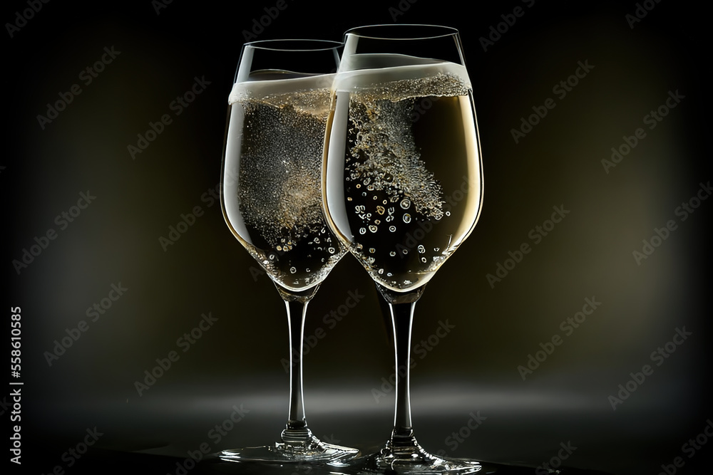 Two glasses with sparkling wine on dark background. Generative AI Two glasses with sparkling wine on dark background. Generative AI