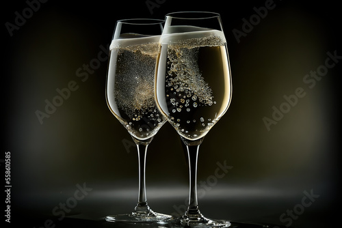 Two glasses with sparkling wine on dark background. Generative AI