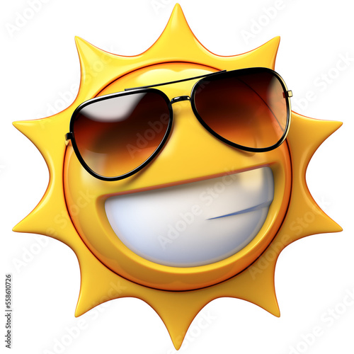 Cartoon sun with sunglasses emoji isolated on white background, sunshine emoticon 3d rendering