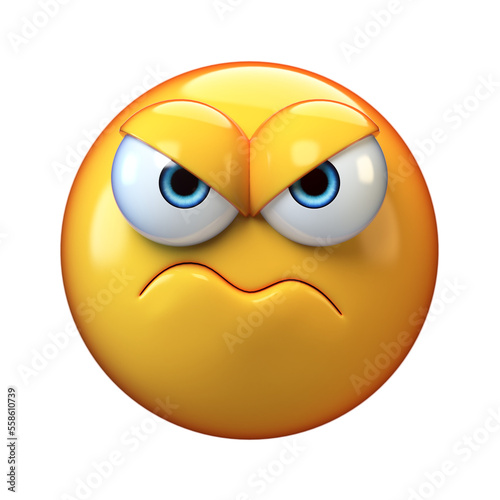 Grumpy emoji isolated on white background, frowned emoticon 3d rendering