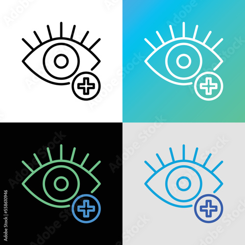 Ophthalmology thin line icon: farsightedness. Human eye with plus sign. Modern vector illustration.