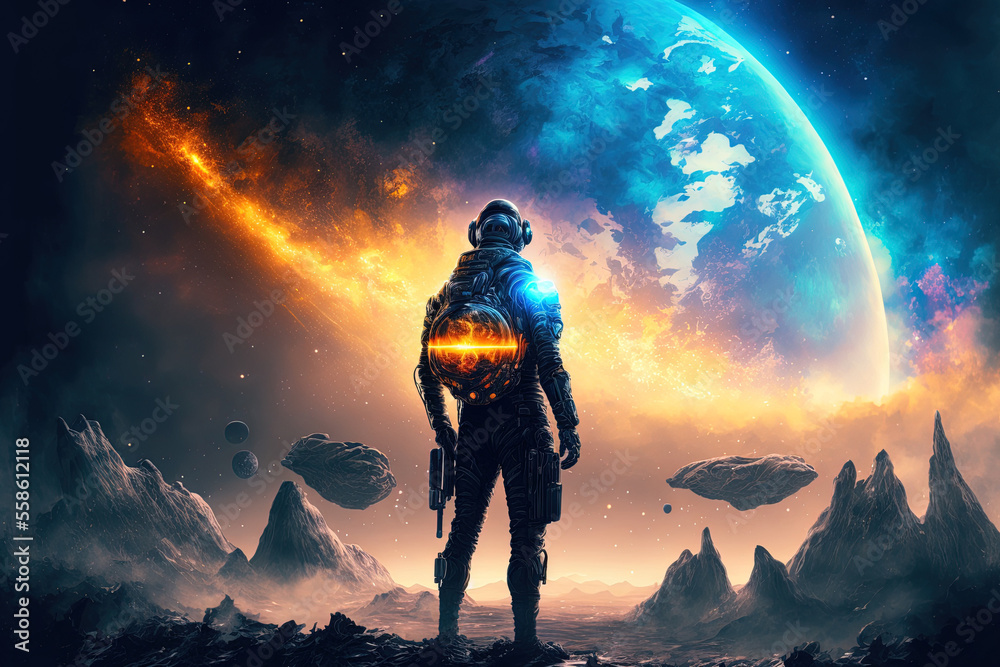 An image shows a guy in a futuristic costume standing on an unidentified planet with spacecraft taking off into the distance. Generative AI An image shows a guy in a futuristic costume standing on an unidentified planet with spacecraft taking off into the distance. Generative AI
