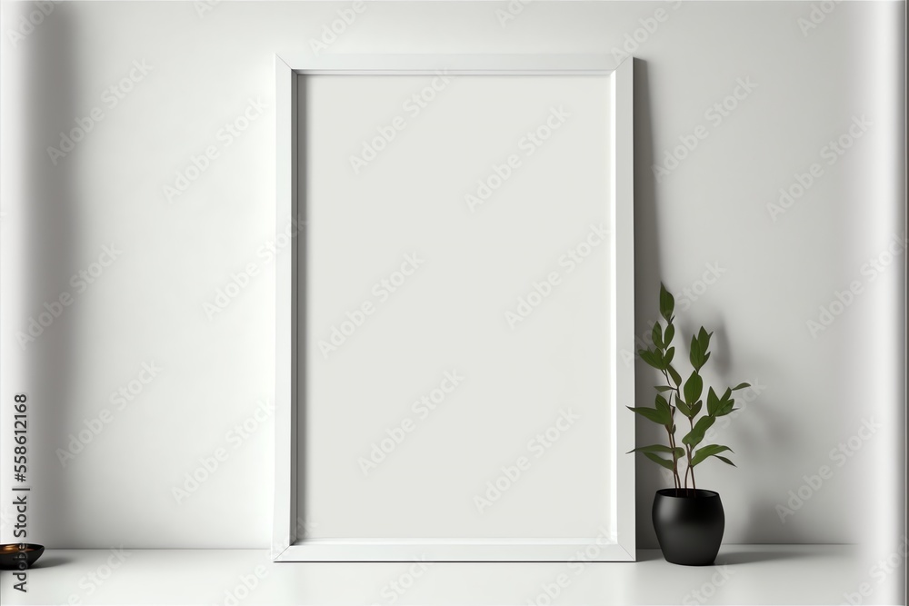 A minimalist vertical photo frame template that is blank, a white picture frame that sits next to a potted plant on a shelf, and the concept of minimalism in general A minimalist vertical photo frame template that is blank, a white picture frame that sits next to a potted plant on a shelf, and the concept of minimalism in general