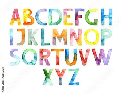 Hand drawn watercolor colored alphabet font isolated. Suitable for print, postcard, sketchbook cover, poster, stickers, your design.