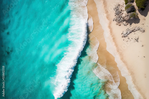 A relaxing aerial beach picture serves as the banner for the summer break. Amazingly blue ocean waves, the seashore, and the shoreline. superb top view from an airborne drone. calm beach, seashore, br