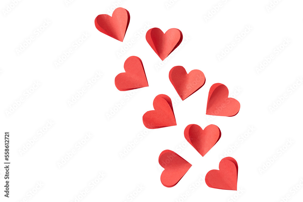 Valentine's day background with red and pink hearts like balloons on white background, flat lay, clipping path. PNG - obrazy, fototapety, plakaty 