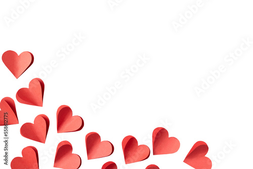 Valentine's day background with red and pink hearts like balloons on white background, flat lay, clipping path. PNG