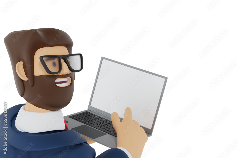 Businessman show and pointing blank laptop screen, promote application website, online business market, 3D rendering cartoon character.