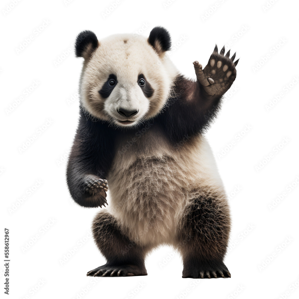 Panda géant qui dit bonjour avec sa patte gauche, debout - fond transparent - réalisé à l'aide d'une IA et retouchée