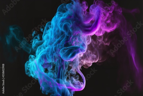 Black backdrop with a swirling neon blue and purple multicolored smoke cloud ina black background.