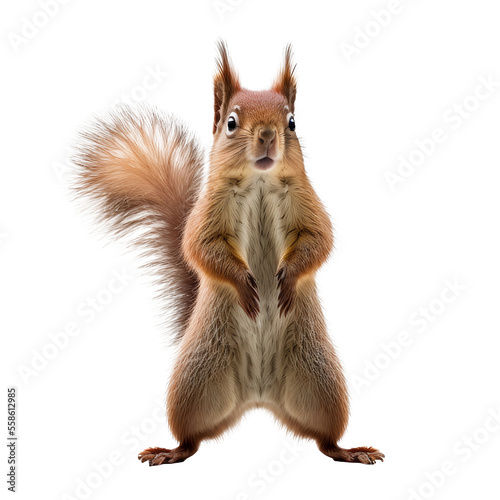 Petit écureuil dressé sur ses deux pattes arrières - sur fond blanc - image créé à l'aide d'une IA et retouchée