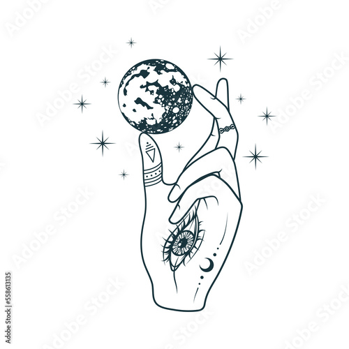 Celestial hand with all-see eye holding a planet. Hand drawn vector illustration isolated on white background. photo