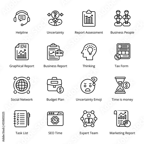 Business People, Social Network, Budget Plan, Uncertainty Emoji, Time is money, Expert Team, Marketing Report, Graphical Report, Business Report, Outline Icons - Stroked, Vectors