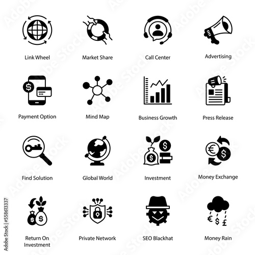 Call Center, Advertising, Find Solution, Global World, Investment, Money Exchange, Link Wheel, Market Share, Payment Option, Mind Map, Business Growth Glyph Icons - Solid, Vectors