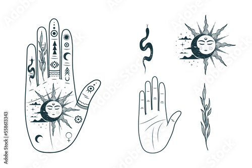 Palmistry hand with sun, moon, snake, twig and clouds.  Hand drawn set of prediction symbol, fortune telling. Magic mystic vector illustration isolated background for esoteric,  witchcraft, stickers