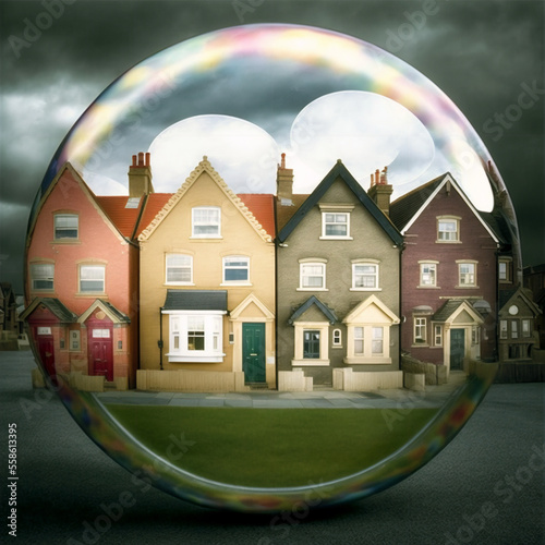 Row of houses in a bubble, the housing bubble, dream house, generative ai