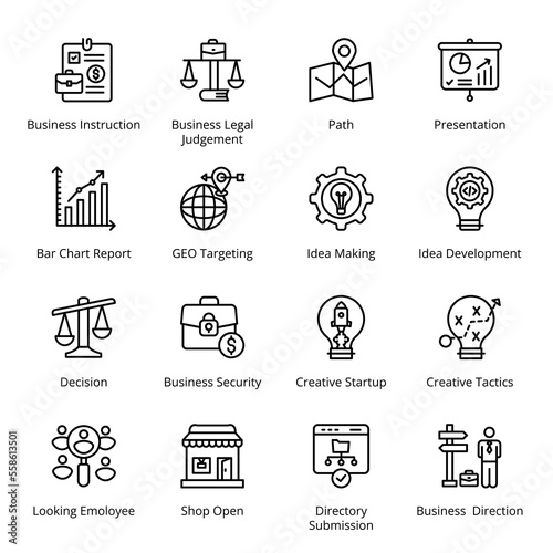 Creative Startup, Creative Tactics, Business Instruction, Business Legal Judgement, Path, Presentation, Decision, Business Security, Looking Employee, Shop Open, Outline Icons - Stroked, Vectors